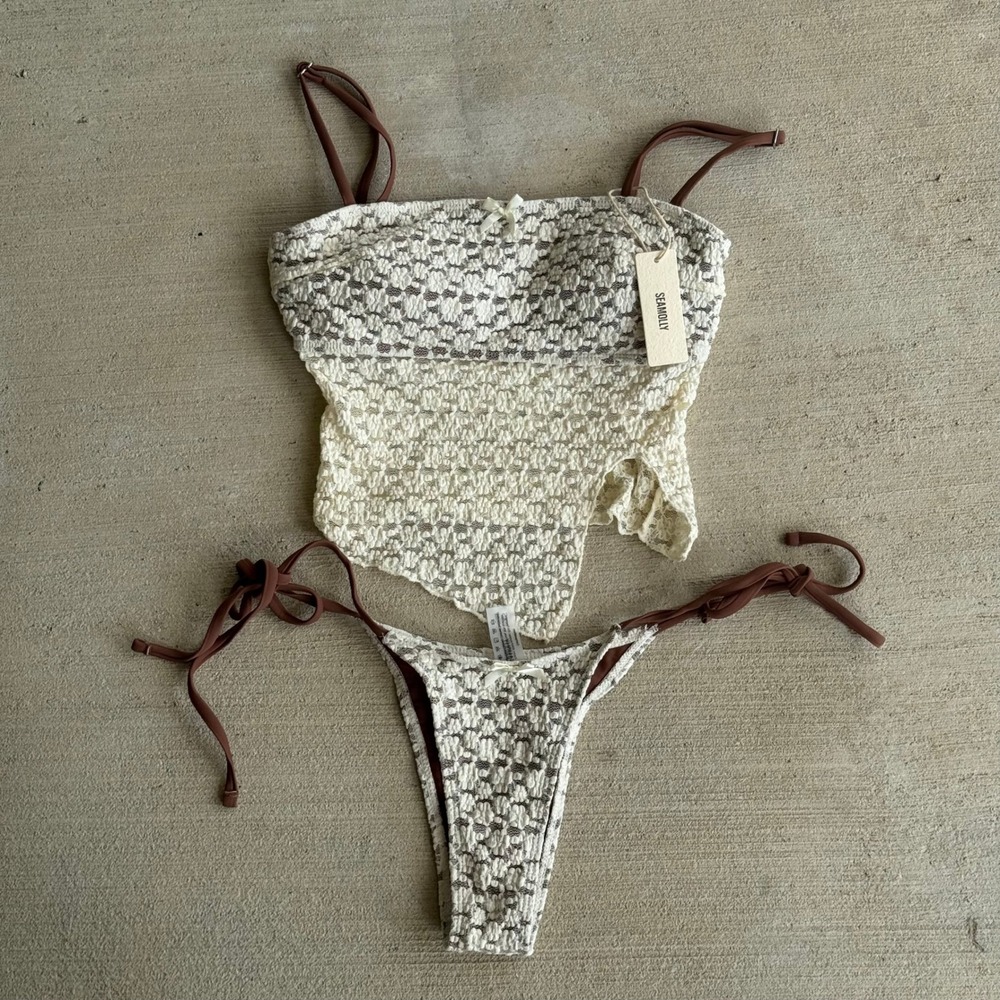 Sea Molly Floral Lace Tankini Set Women's Size XS Brown Cream Bikini